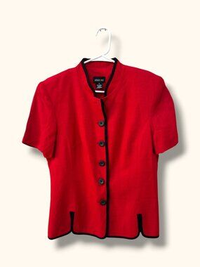Leslie Fay Jacket Womens 12 Red Short Sleeve Button Front Piped Trim Office